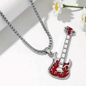 Red Flaming Guitar with White Neck Rocker Necklace and Pendant #1252
